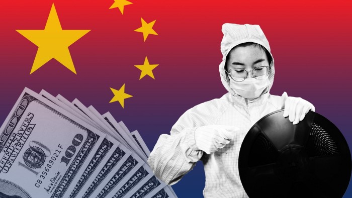 A person in protective clothing works on a semiconductor wafer in a production line. In the background, there is a gradient backdrop with the Chinese flag stars and a stack of US dollar bills.